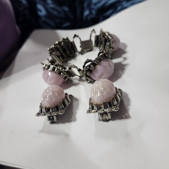 Vtg Selro Selini Unsigned Light Pink Silver Tone Chunky Bracelet Earrings Set - Picture 3 of 5